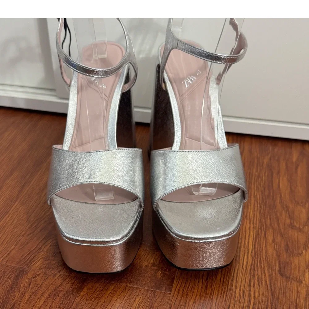 Zara Metallic Silver Platform Block Heel Sandals EU 40 Disco Party Retro Glam - Picture 3 of 12